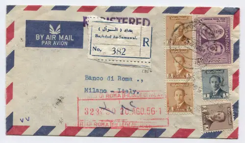 IRAK, EINGESCHRIEBENE LUFTPOST 1956 AUS BAGDAD, 6 BRIEFMARKEN IRAK PORTO m