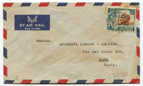ZYPERN, LUFTPOST VON LIMASSOL NACH ROM, BRIEFMARKE 35 MILS, 1961 m