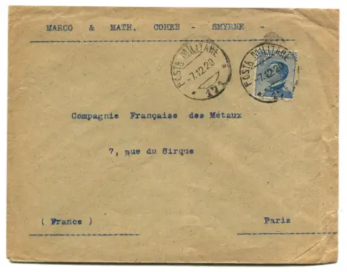 BUSTA DA SMYRNE, MARCO & MATH. COHEN, MILITÄRPOSTSTEMPEL 171 + C25, 1920 m