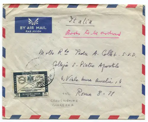KINGDOM OF JORDAN, AIR MAIL TO ROMA, FEB 1956, JORDAN STAMP 50 FILS m