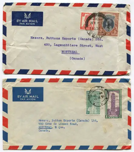 INDIEN, 2 LUFTPOST AUS BOMBAY 1947 UND 1951, 4 BRIEFMARKEN INDIEN PORTO m