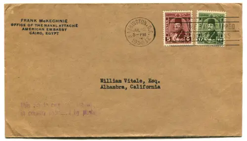 ÄGYPTEN, AUS AMERIKANISCHER BOTSCHAFT KAIRO, 2 BRIEFMARKEN FARUK, ANNUL WASHINGTON 1950 m
