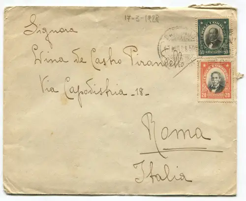 CHILE, ANNUL SANTIAGO, 1928, 2 BRIEFMARKEN C50 + C20, GESCHICKT NACH ROMA ITALIEN m
