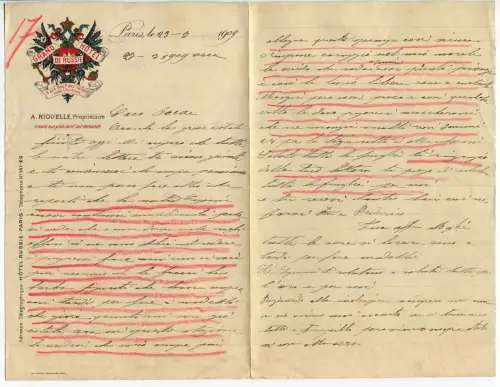 FRANKREICH, BRIEF 1909, LITHOGRAPHIERT GRAND HOTEL DE RUSSIE PARIS m