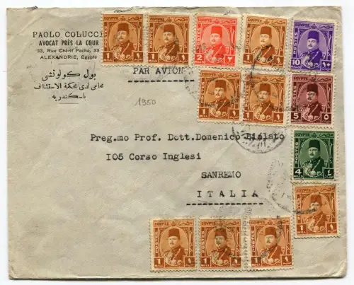 ÄGYPTEN, PAOLO COLUCCI ALEXANDRIE, UMSCHLAG NACH SANREMO, 1950, 13 ÄGYPTEN BRIEFMARKEN m