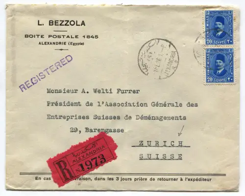 ÄGYPTEN, L. BEZZOLA, ANNUL ALEXANDRIA, 1936, PAAR ÄGYPTEN BRIEFMARKEN VON 20 MÜHLEN m