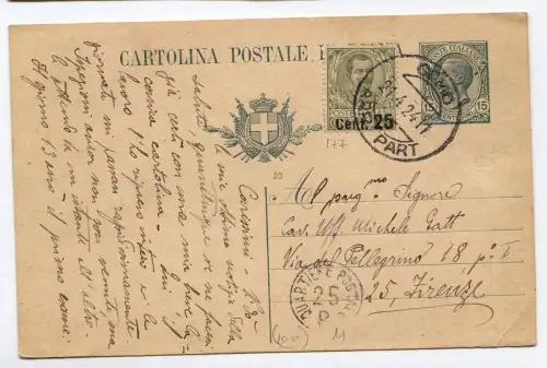KÖNIGREICH, GANZE POSTKARTE C15 TAUSENDSTEL 23, + C25 AUF C45 FLORAL, AUS COMO 1924 m