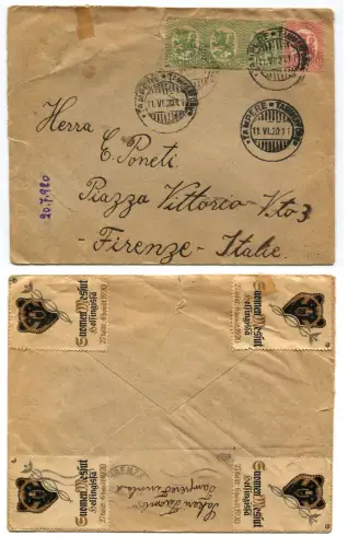 SUOMI FINNLAND, VON TAMPERE NACH FLORENZ 1920, BRIEFMARKEN 3 X 10 + 20, 4 ASCHENPUTTEL m