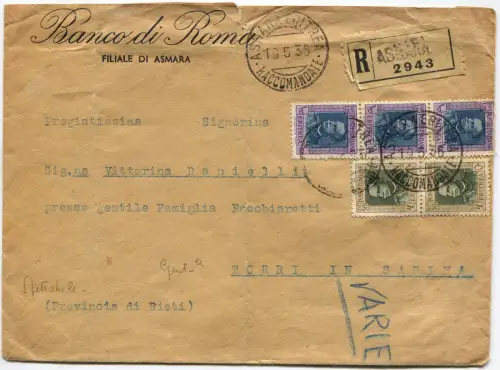 EINSCHREIBEN VON ASMARA NACH TURRI IN SABINA, 1936, 3 X 1,25 LIRE + 2 X C50 m