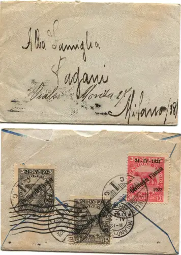 VOM FLUSS, SEPT 1922, BRIEFMARKEN 2 X C15 + C30 FIUMANA KONSTITUENT + BUCHSTABE m