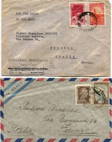 ARGENTINIEN, 2 LUFTPOST NACH ITALIEN, 1949 1954?, INSGESAMT 4 BRIEFMARKEN m