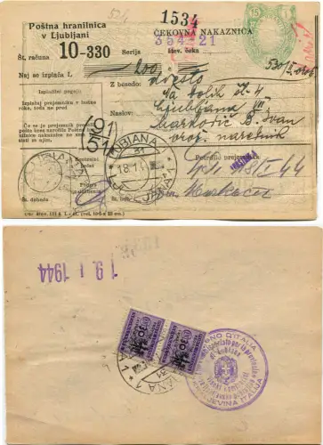 DEUTSCHE BESETZUNG LJUBLJANA, QUITTUNG VAGLIA, GEN 1944, PAAR STEUERMARKEN C30 m