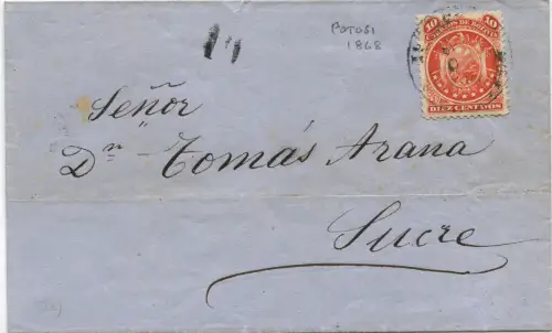 BOLIVIEN, COVER, DATIERT POTOSI' 1868, ZU SUCRE, BRIEFMARKE 10 CENTAVOS m