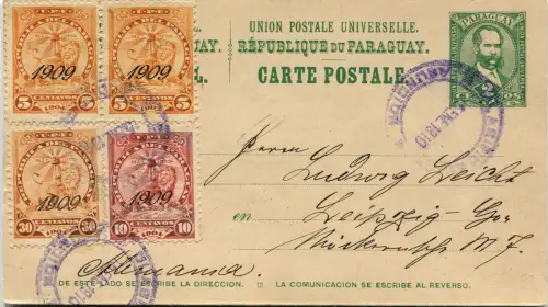 PARAGUAY, POSTKARTE 2 CENTAVOS + 4 BRIEFMARKEN 1909, ANNULS ASUNCION, JAN 1910 m