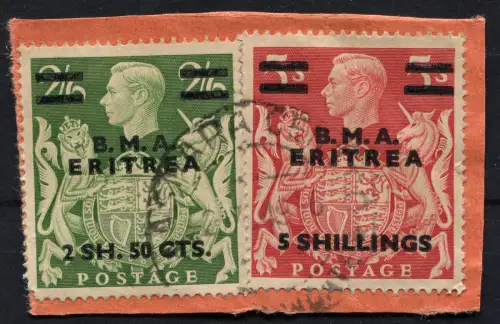 BRITISH ERITREA, FRAGMENT, ANNUL ASMARA 1949, 2 BRIEFMARKEN ÜBERDRUCKT BMA m