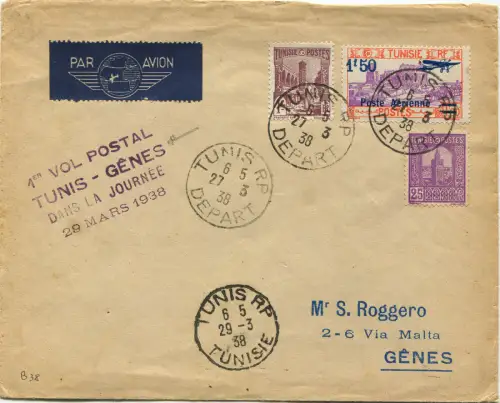 TUNESIEN, LUFTPOST, 1. FLIGHT TUNIS - GENES, MÄRZ 1938, 3 TUNESIEN BRIEFMARKEN m
