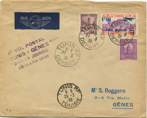 TUNESIEN, LUFTPOST, 1. FLUG TUNIS - GENES, MÄRZ 1938, 3 TUNESIEN BRIEFMARKEN m
