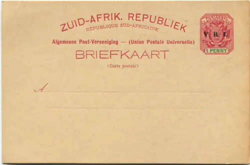 SÜDAFRIKA, SÜDAFRIKA. REP. POSTKARTE, 1 PFENNIG ÜBERDRUCKT V.R.I.   m