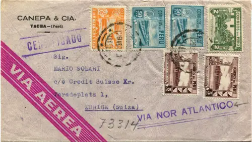 PERU, LUFTPOST, APR 1948, HEADED CANEPA, TACNA, 6 BRIEFMARKEN (3 LUFTDIENST) m