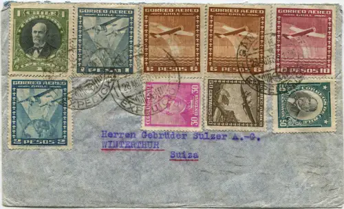 CHILE, VON SANTIAGO IN DIE SCHWEIZ, AUG 1936, 9 BRIEFMARKEN (6 LUFTPOST) m