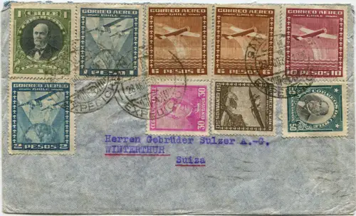 CHILE, VON SANTIAGO IN DIE SCHWEIZ, AUG 1936, 9 BRIEFMARKEN (6 MAIL AERO) m