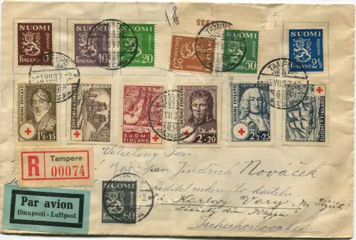 SUOMI FINNLAND, REGISTRIERTE LUFTPOST, ANNULS TAMPERE, 13 BRIEFMARKEN (6 ROTE KREUZ) m