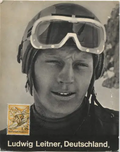 SPORT, DEUTSCHER ALPINER SKIRENNFAHRER LUDWIG LEITNER, PASTEBOARD + STEMPEL S. MARINO m