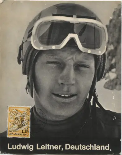 SPORT, GERMAN ALPINE SKIRENNFAHRER LUDWIG LEITNER, PASTEBOARD + STAMP S. MARINO m