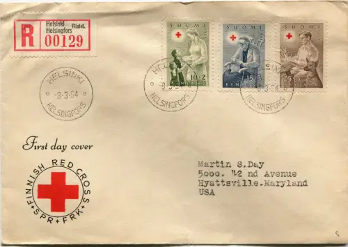SUOMI FINNLAND, FDC FINNISCHES ROTES KREUZ, HELSINKI 1954, 3 BRIEFMARKEN ROTES KREUZ m