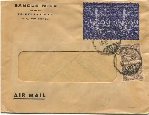 KÖNIGREICH LIBYEN, UMSCHLAG HEADED BANQUE MISR TRIPOLI, 2 PAAR BRIEFMARKEN m