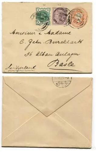 UK, POSTUMSCHLAG EIN PFENNIG + BRIEFMARKEN 1 P + HALF P., AUS LONDON, 1900 m