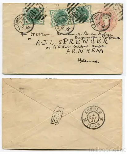 UK POSTAL ENVELOPE ONE PENNY + 3 STAMPS HALF P., FROM LLANDUDNO (WALES) 1901 m