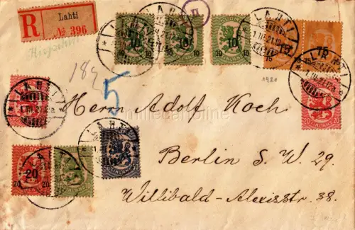FINNLAND - LAHTI 1921 EINGESCHRIEBENER UMSCHLAG NACH DEUTSCHLAND, 10 BRIEFMARKEN