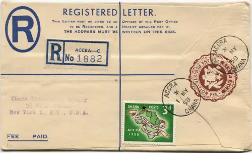 AFRIKA GHANA, REGISTRIERTER UMSCHLAG SIX PENCE + BRIEFMARKE GHANA 3D, ANNUL ACCRA 1958 m