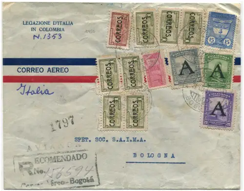 KOLUMBIEN, EINGESCHRIEBENE LUFTPOST, AUS BOGOTA, 1950, NACH ITALIEN, 13 BRIEFMARKEN m