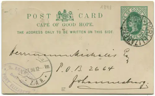 CAPE OF GOOD HOPE, POSTKARTE OF HALF PENNY, FROM PORT ELIZABETH, 1898 m