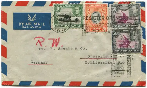 KENIA UGANDA TANGANJIKA, LUFTPOST AUS NAIROBI, 1950, 4 BRIEFMARKEN KÖNIG GEORGE VI m
