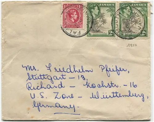 JAMAIKA, ANNULS FALMOUTH, 1950, STAMP 1D + 2 X 2D EACH KING GEORGE VI m