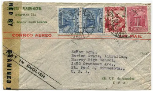 ECUADOR, LUFTPOST, AUS IBARRA, MAR 1945, 4 BRIEFMARKEN, GEPRÜFT VON ZENSOR m