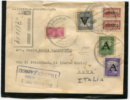 KOLUMBIEN, EINGESCHRIEBENE LUFTPOST, AUS BOGOTA, 1951, NACH ROMA ITALIEN, 8 BRIEFMARKEN m