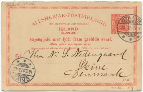Island (Dänemark), Postkarte 10 Aur + 10 Aur Antwort, Annul Reykjavik, 1907 m