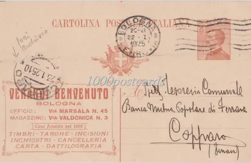 BOLOGNA 1925 Ganzsache Michetti c. 30 Werbung Verardi B. x Copparo