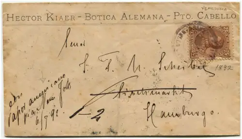VENEZUELA, UMSCHLAG NACH DEUTSCHLAND GESCHICKT, 1892, BRIEFMARKE 25 CENTAVOS m