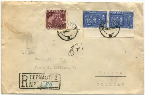 RUMÄNIEN, ANNULS CERNAUTI, 1938, 2 X 7,50 LEI + BRIEFMARKE 6 LEI + CHARITY STAMP m