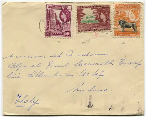 KENIA, UMSCHLAG UNION-CASTLE LINE, 1959, 3 BRIEFMARKEN KENIA UGANDA TANGANYIKA m