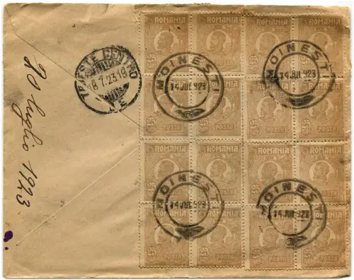 RUMÄNIEN, ANNULS MOINESTI, 1923, 16 BRIEFMARKEN X 25 BANI + 3 X 2 LEI + 50 BANI m