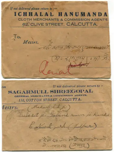 INDIEN, 2 KOPFUMSCHLÄGE AUS KALKUTTA VERSCHICKT, 1937, 1949, INSGESAMT 3 BRIEFMARKEN m