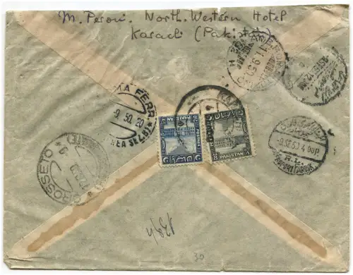 PAKISTAN, EINGESCHRIEBENE LUFTPOST VON KARACHI NACH ITALIEN, 1950, BRIEFMARKE 8 AS + 6 AS m
