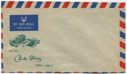 INDIEN, LUFTPOSTUMSCHLAG, KOPF MIT LOGO HOTEL CLARKS SHIRAZ, AGRA, UNBENUTZT m