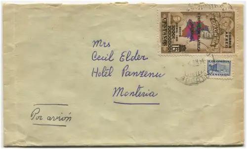 KOLUMBIEN, LUFTPOST VON BOGOTA NACH MONTERIA, 1954, BRIEFMARKE C15 EXPO PHIL.   m